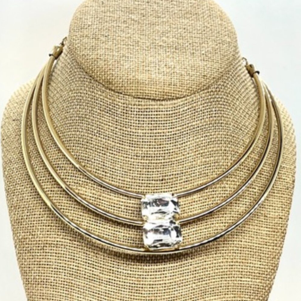 Y2K GOLD TONE Multi Strand Torque Collar Necklace Rhinestone Statement